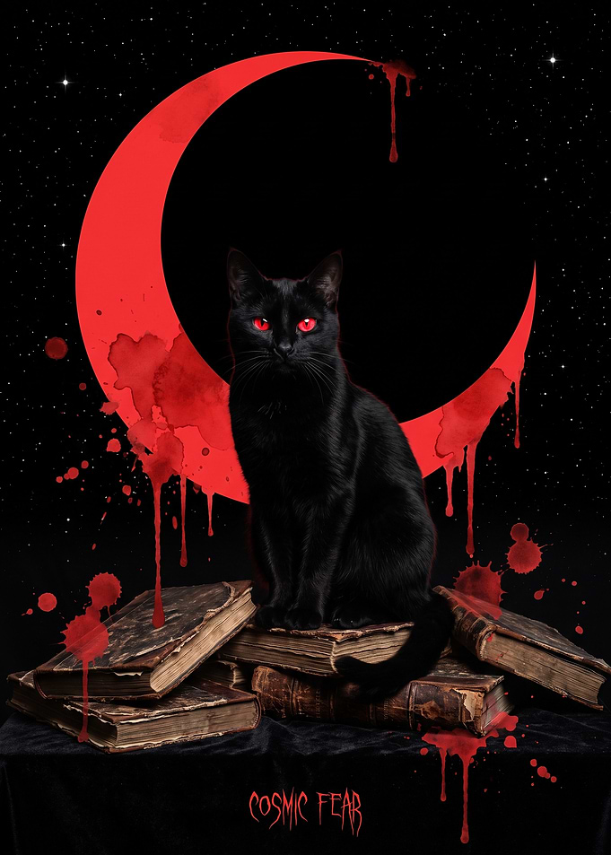 Black Cat with Red Moon Poster