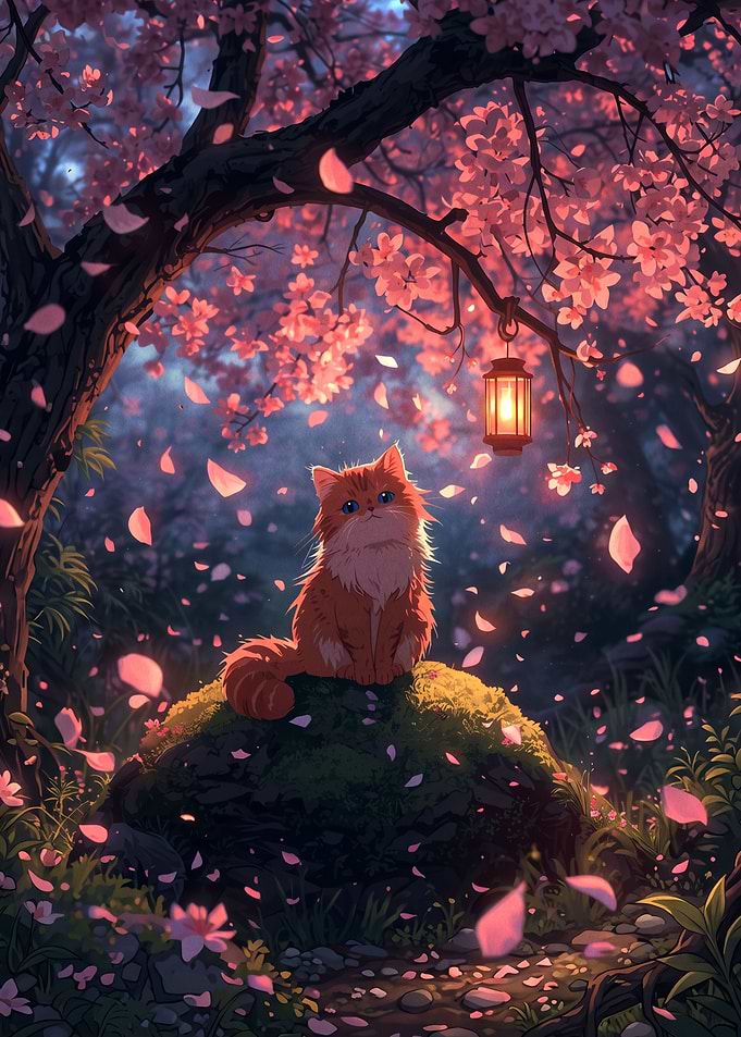 Fluffy Cat Under Cherry Blossoms