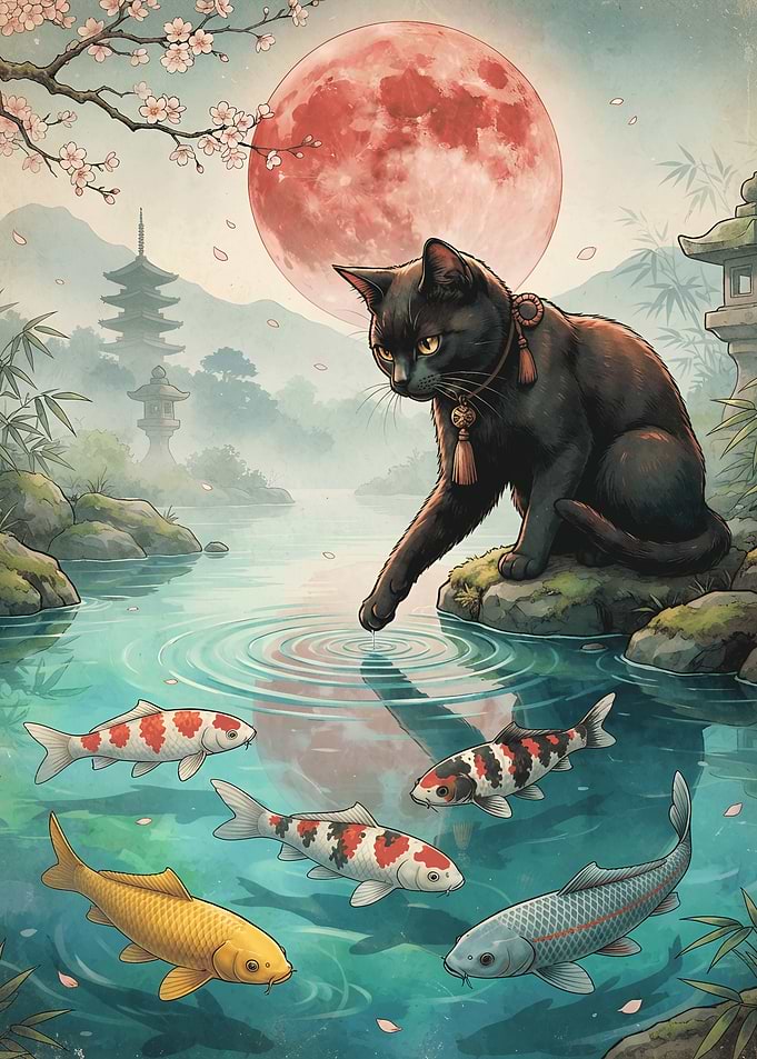 Black Cat and Koi Pond