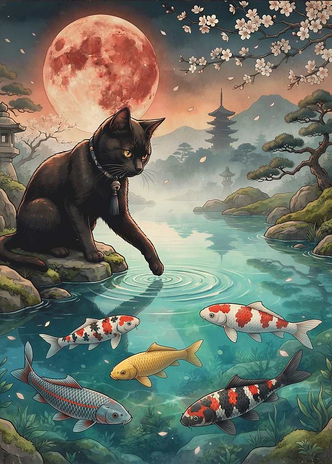 Black Cat and Koi Pond