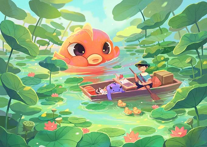 Boy and Friends on Lotus Pond