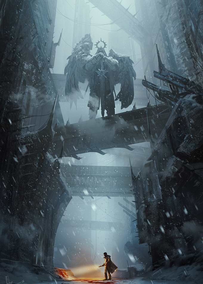 Lone Explorer Facing Fallen Angel Statue