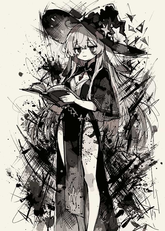 Anime Witch Reading a Spellbook