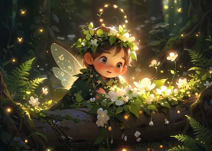 Cute Forest Fairy with Glowing Flowers