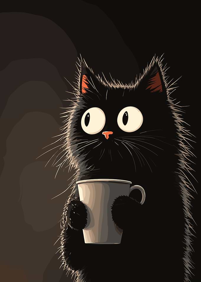 Cute Black Cat Holding Coffee Mug