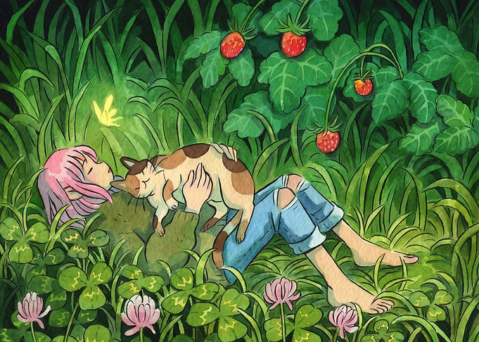 Girl Resting with Cat in Grass