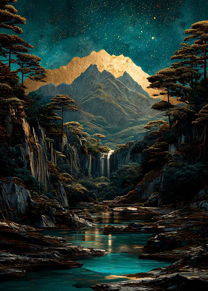 Golden Mountain Waterfall Under Starry Sky