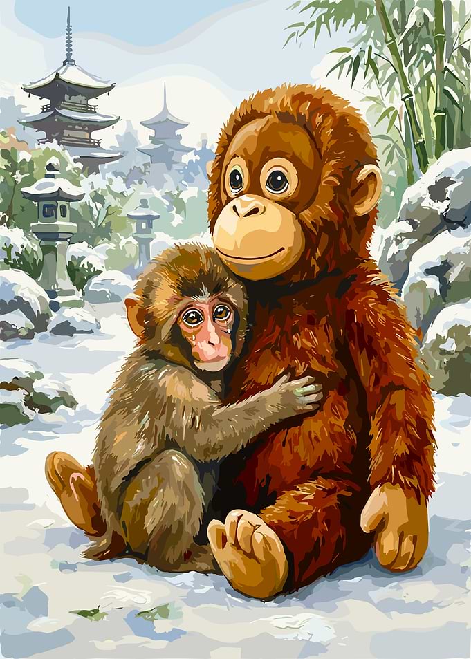 Two Monkeys Hugging in Snowy Japan