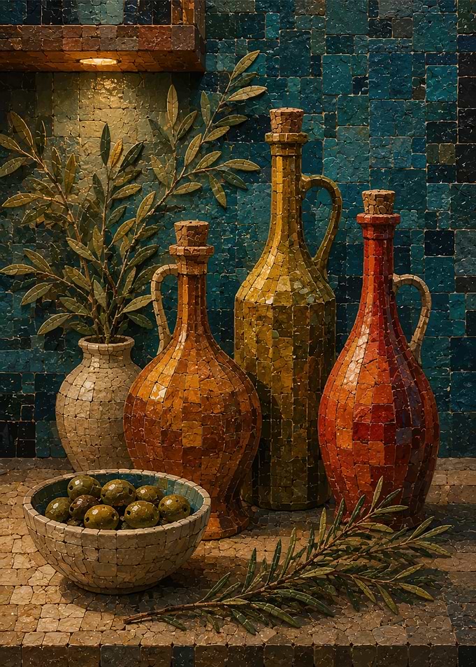 Mosaic Still Life with Olive Bottles