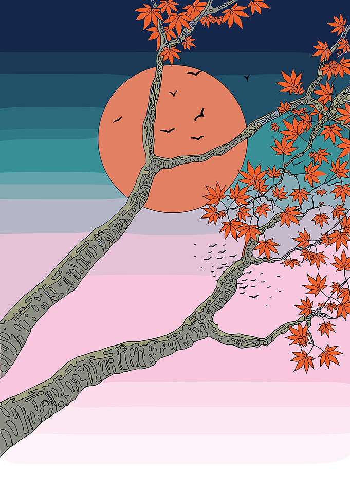 Japanese Maple Tree Sunset Illustration
