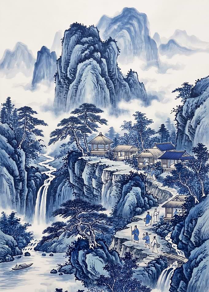 Blue and White Chinese Landscape Painting