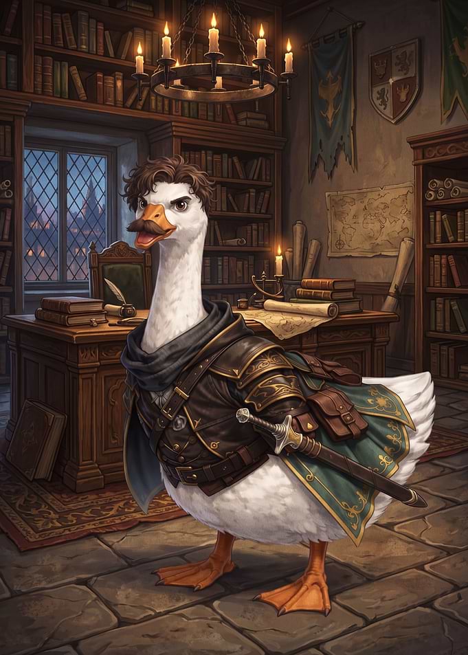 Anthropomorphic Goose Adventurer in Library
