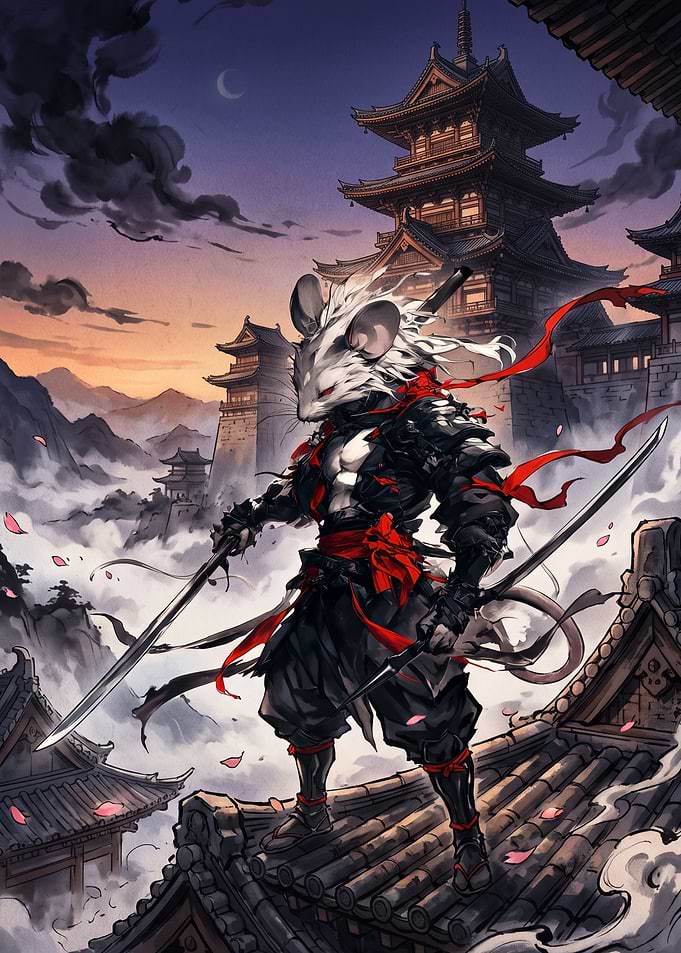Mouse Samurai Warrior on Temple Roof