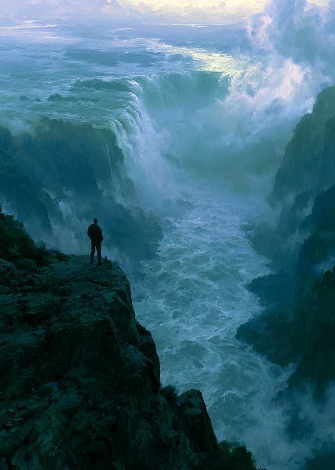 Lone Observer at a Misty Waterfall