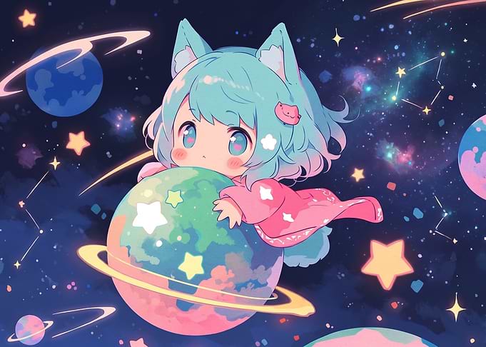 Cute Anime Girl Hugging Planet