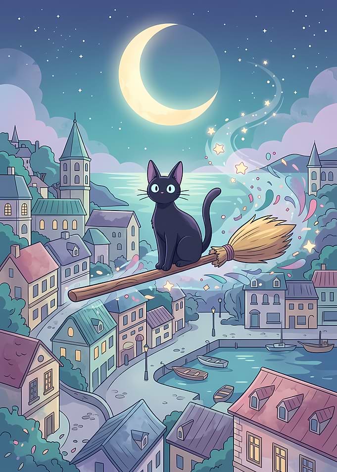 Black Cat Flying on Broomstick
