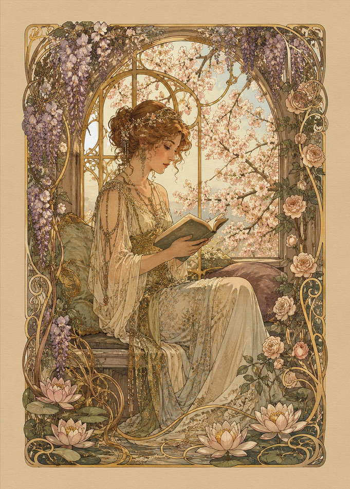 Art Nouveau Woman Reading by Window