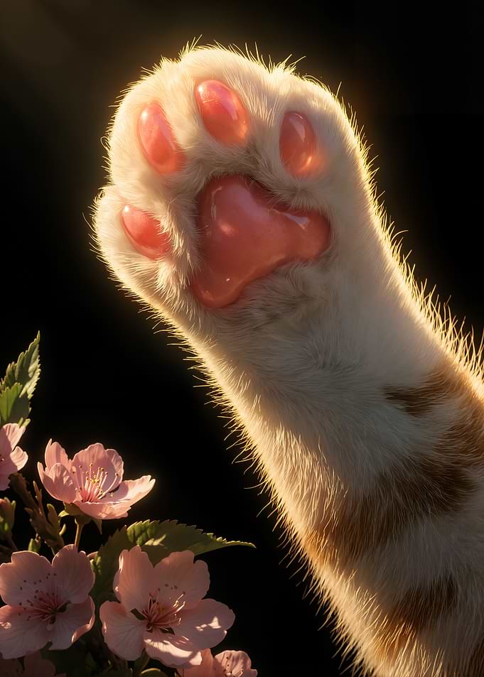 Cat Paw Reaching for Cherry Blossoms