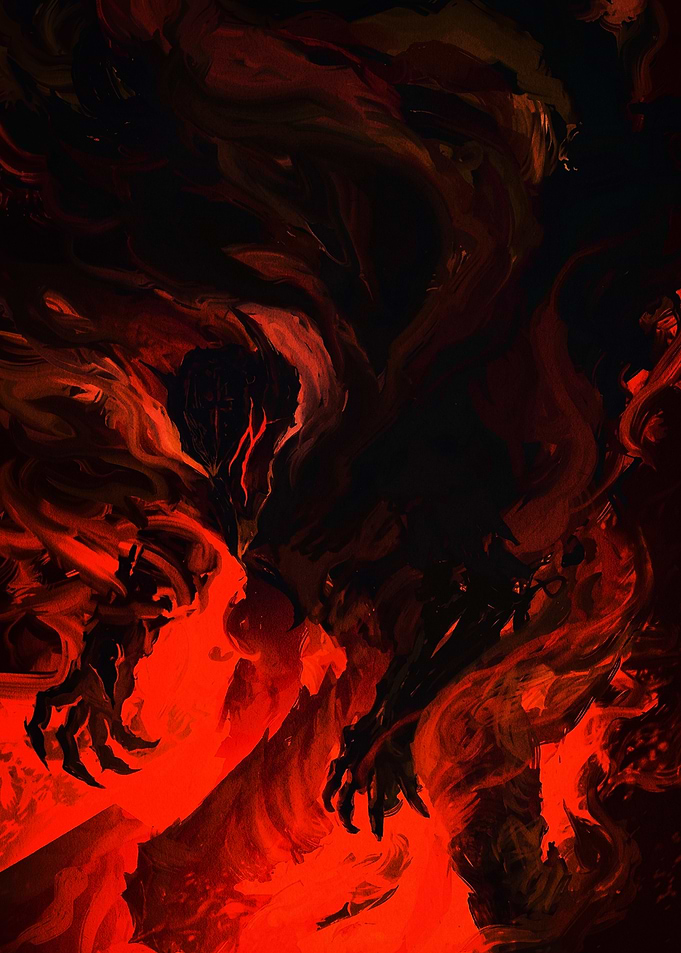 Shadowy Demon in Fiery Abyss