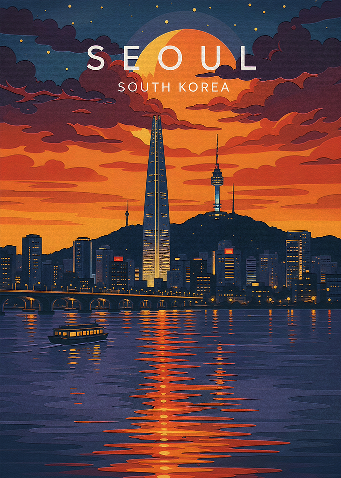 Seoul South Korea Sunset Travel Poster