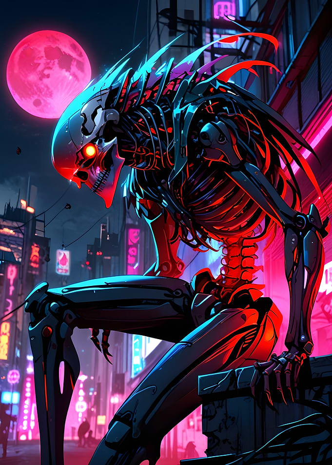 Cybernetic Skeleton in Neon City