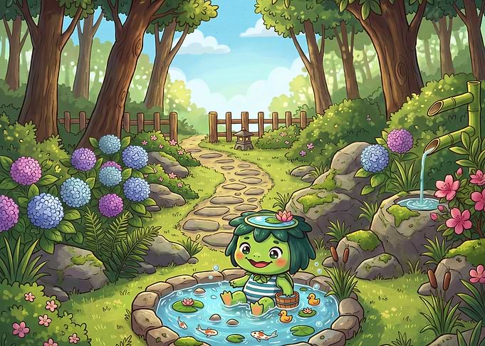 Cute Kappa Playing in Garden Pond