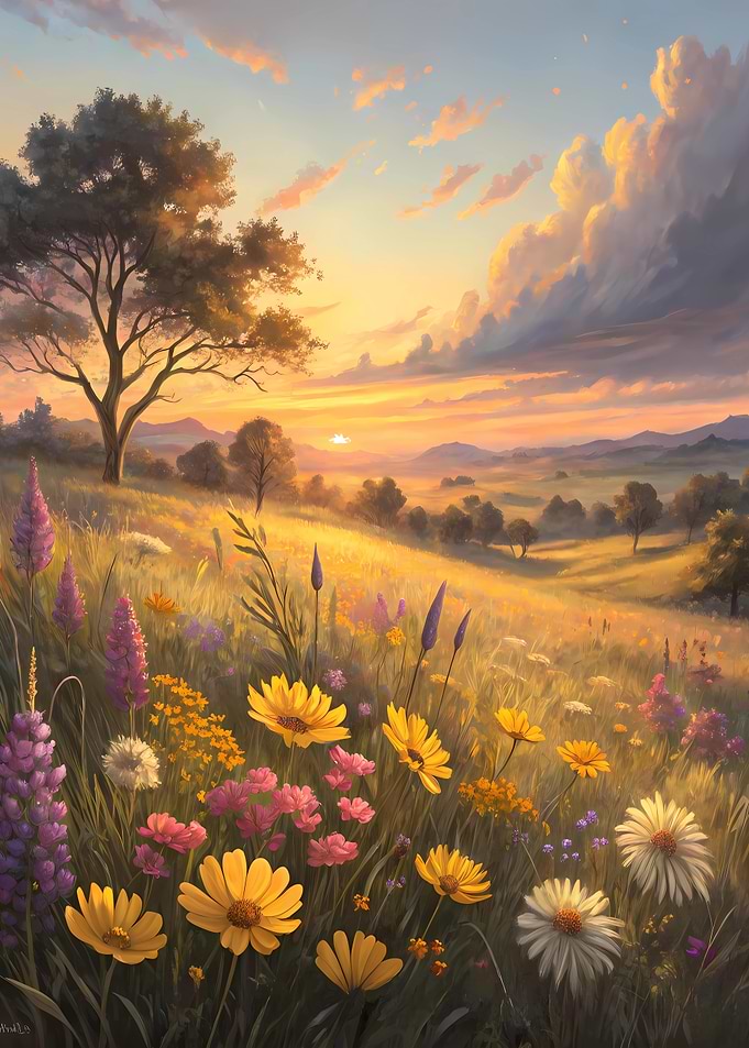 Golden Sunset Over Wildflower Meadow