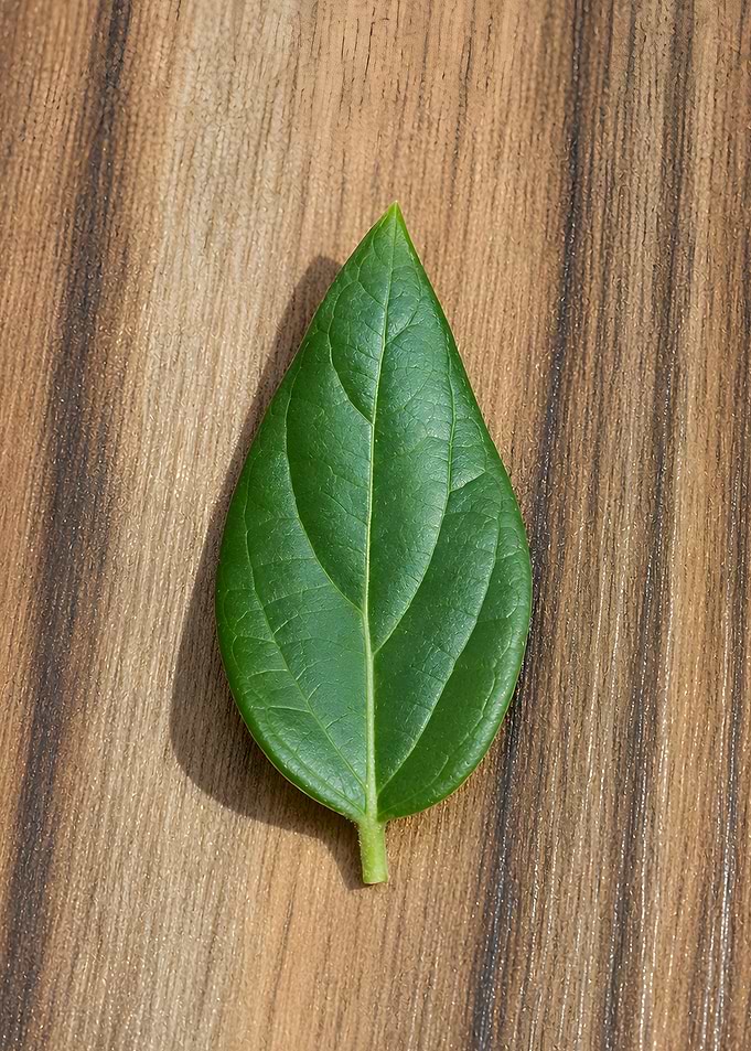 Single Green Leaf on Wood Surface