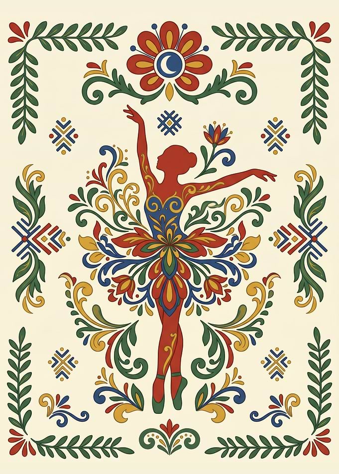 Traditional Nordic Kurbits Folk Art Ballerina Illustration