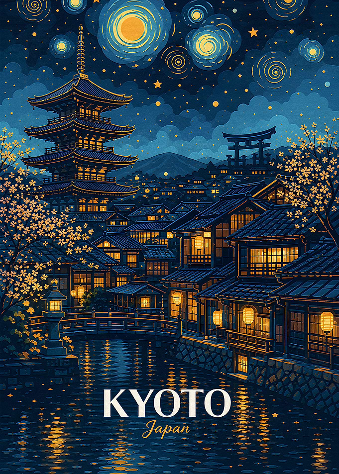Kyoto Japan Starry Night Poster