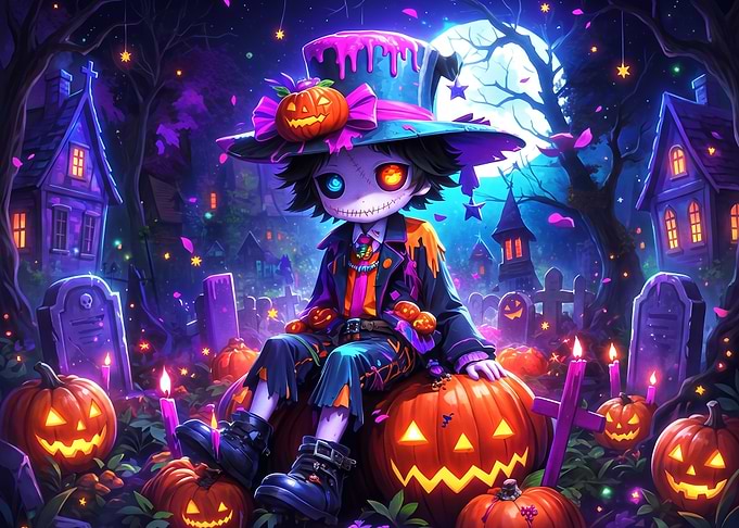 Chibi Halloween Scarecrow on Pumpkins