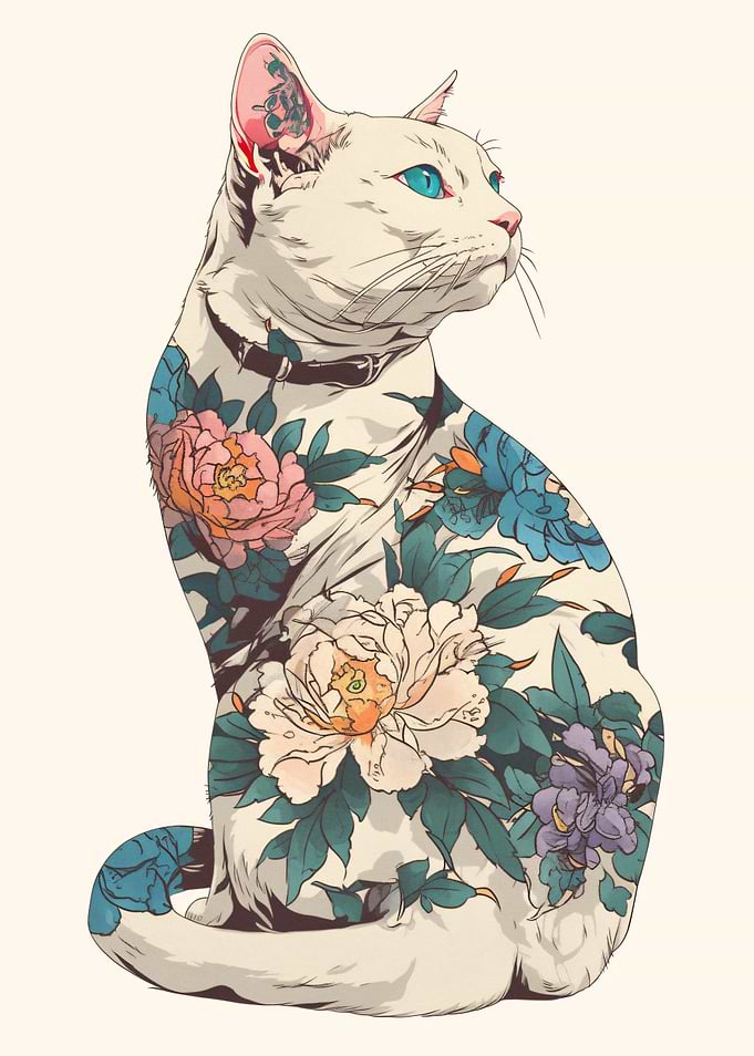 Tattooed White Cat with Floral Art