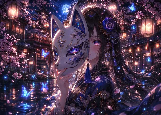 Anime Girl with Kitsune Mask