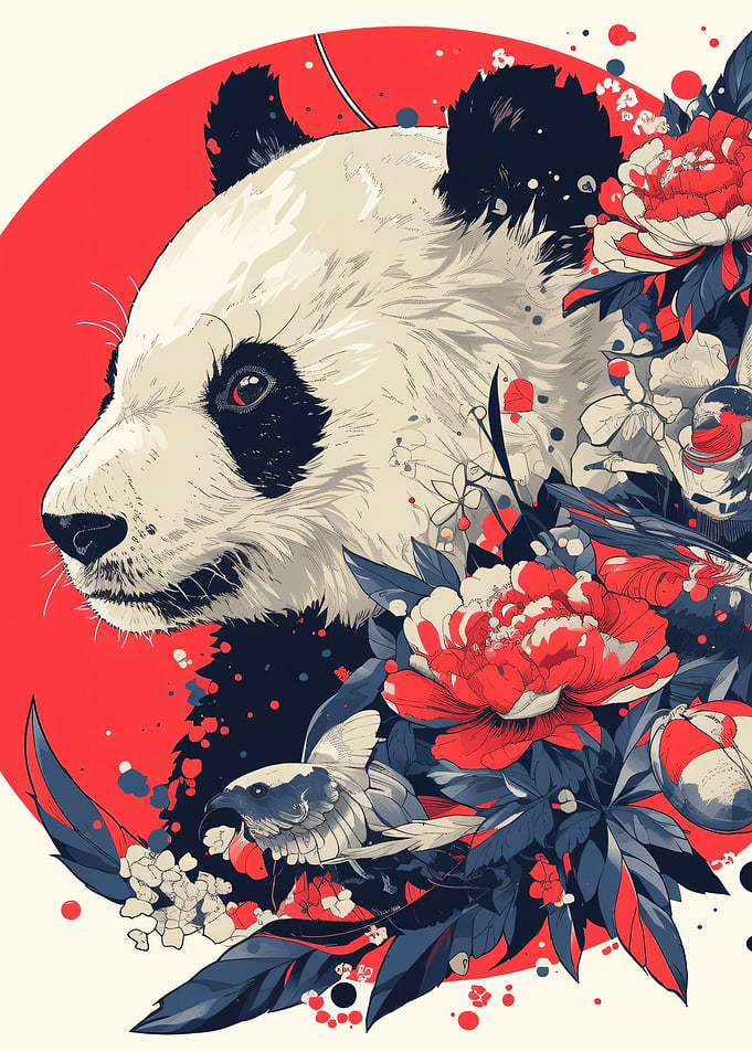 Panda and Peonies Japanese Style Art