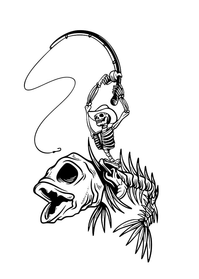 Skeleton Cowboy Fishing on Fish Skeleton