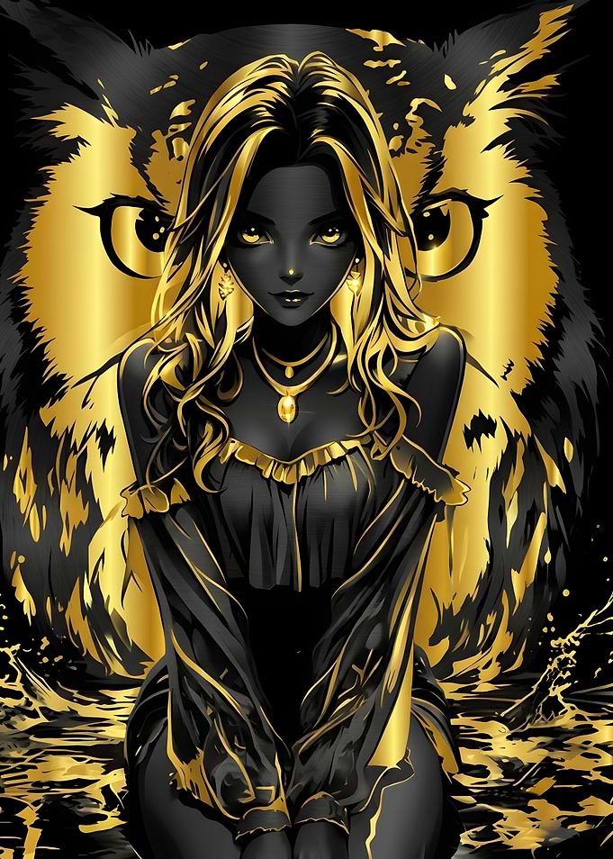 Golden Owl and Woman Portrait