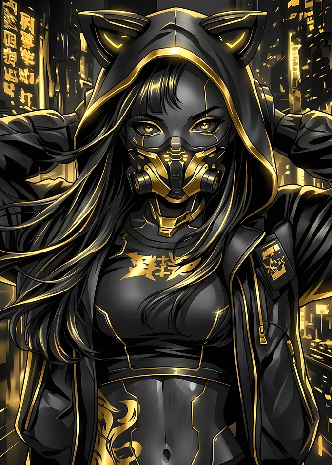 Cyberpunk Cat-Eared Warrior in Gold and Black