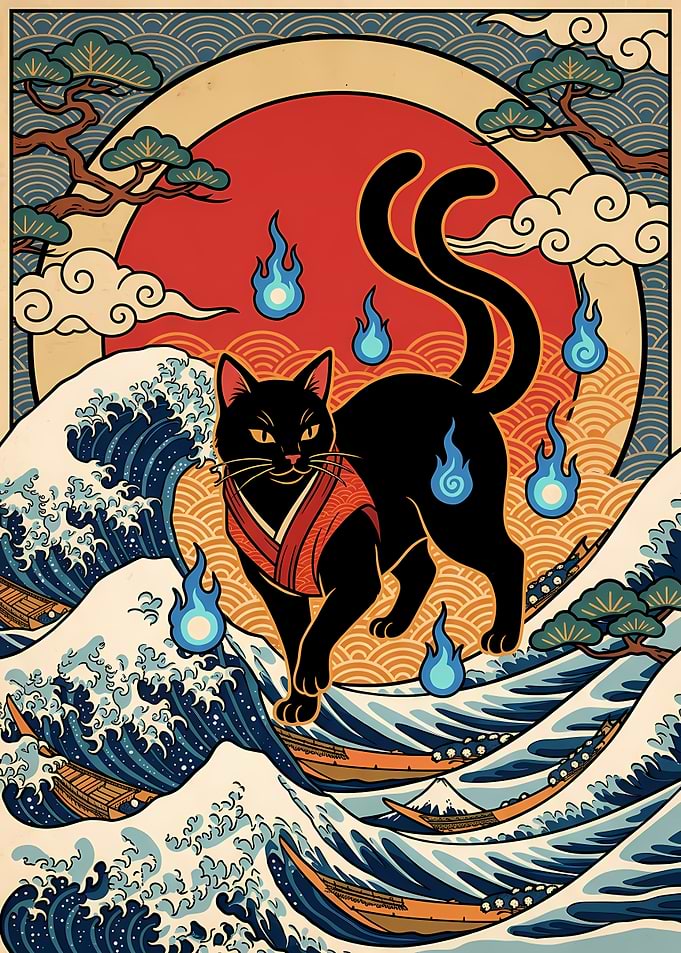 Two-Tailed Nekomata Japanese Wave Art