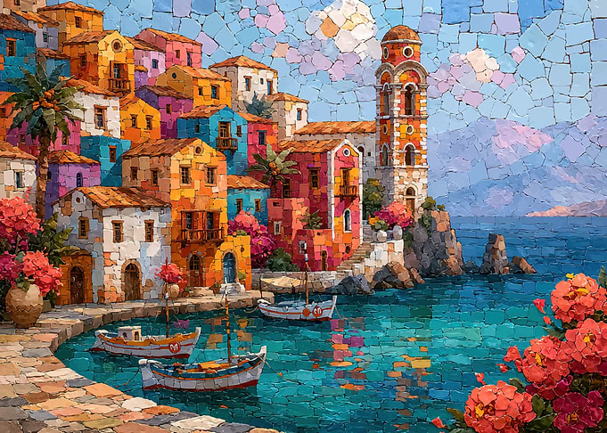 Colorful Mediterranean Coastal Village Mosaic