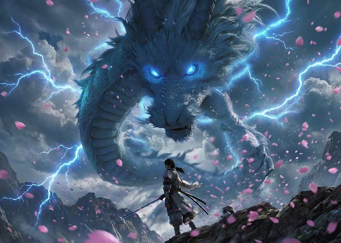 Samurai Facing a Storm Dragon