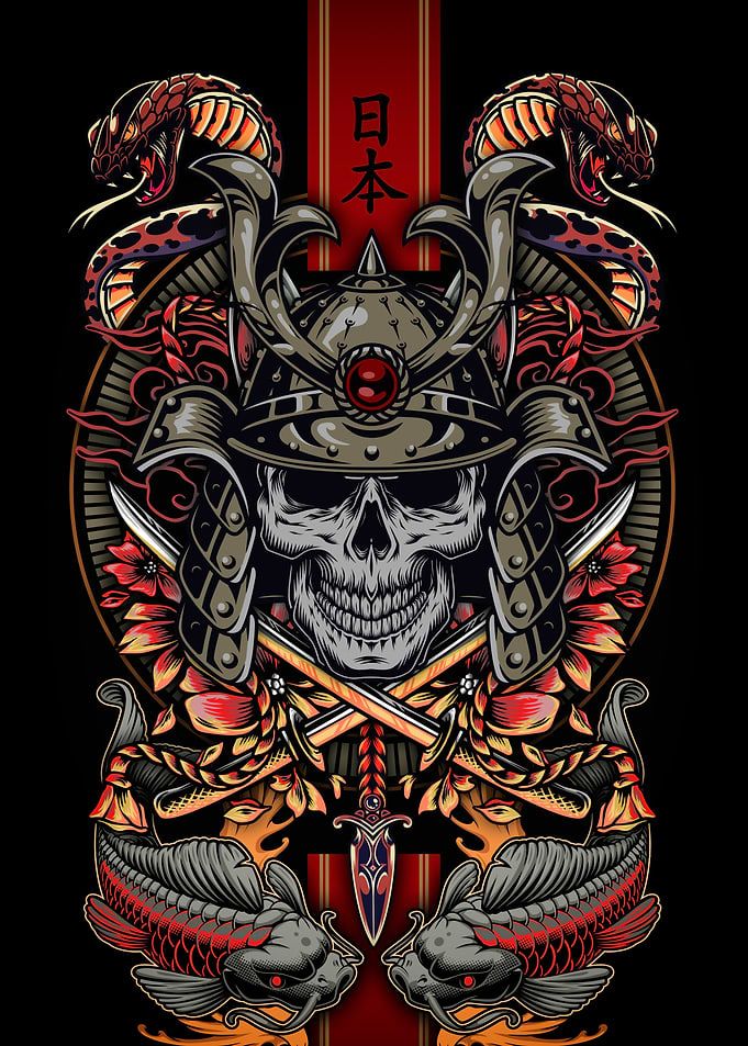 Samurai Skull with Snakes and Koi