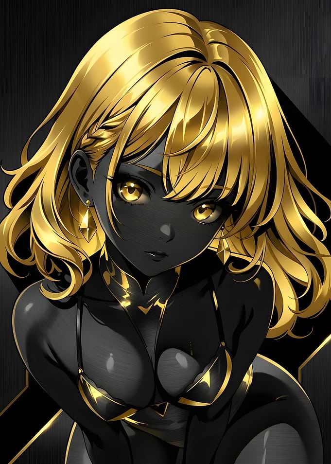 Anime Girl with Black Skin and Gold Hair
