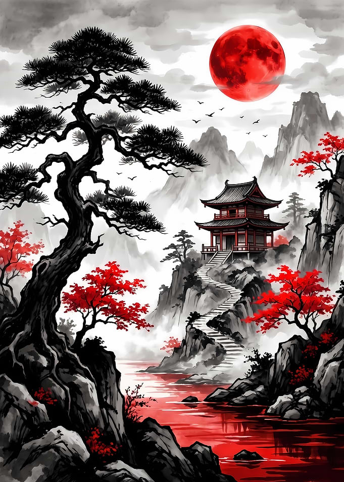 Red Moon Over Japanese Temple