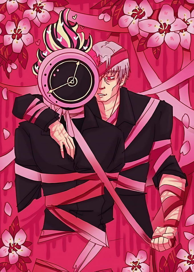 Anime Style Clock-Headed Character Illustration