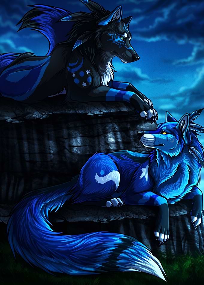 Two Mystical Blue Wolves