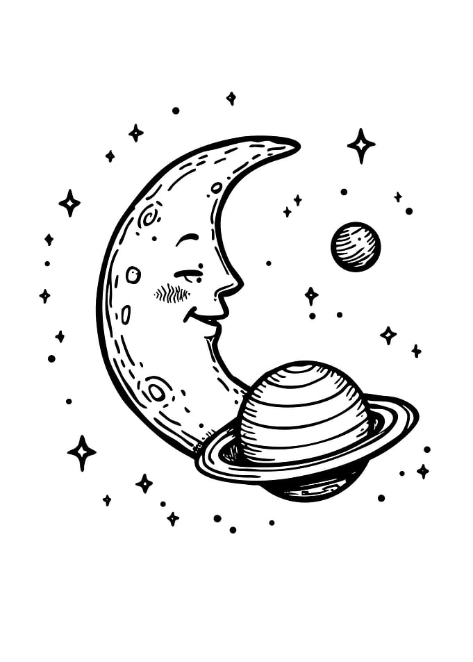 Whimsical Crescent Moon and Saturn Illustration