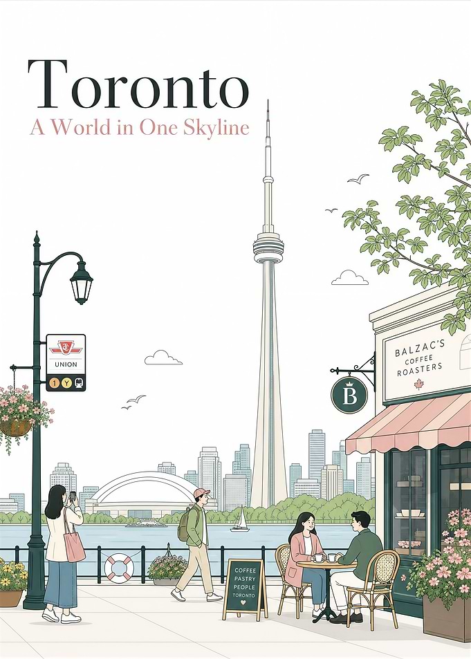 Toronto Skyline Illustration with Cafe Scene