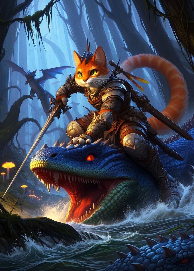 Warrior Cat Riding a Blue Dragon