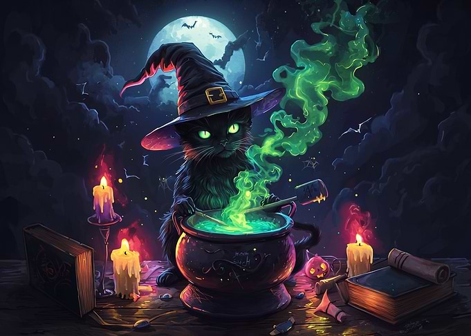 Cute Witch Cat Brewing Magic Potion