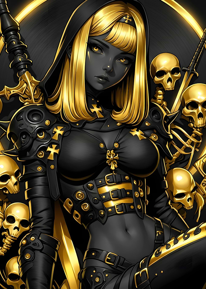 Golden Warrior Girl with Skulls